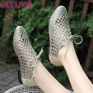 Summer Hollow Woven Breathable Shoes Women Sandals Big Size Pointed Toe Genuine Leather Flat Casual 240329