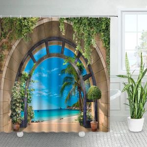 Cortinas de chuveiro retro arco porta oceano paisagem tropical palmeiras plantas verdes flores cenário natural decoração cortina do banheiro