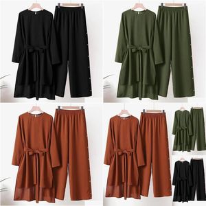 Two Piece Dress Sets Womens Casual Solid Retro Shirt High Waist Loose Long Pant Muslim Suit Drop Delivery Apparel Clothing Dh6Ar