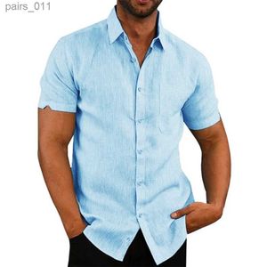 Men's Casual Shirts Cotton Linen Hot Sale Mens Short-Sleeved Shirts Summer Solid Color Turn-down collar Casual Beach Style Plus Size 240402
