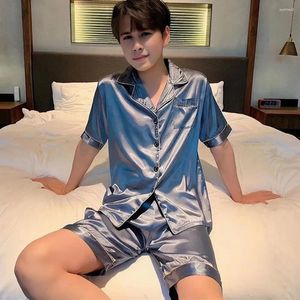 Roupas domésticas A cor sólida pijama de pijama de pijama seda de verão masculino com camisa de manga curta shorts elásticos da cintura confortável para