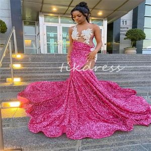 Hot Pink Sparkly Evening Dress 2024 See Through Black Girls Prom Dresses With Beaded Shine Mermaid Formal Party Gowns Birthday Special Occasion Shine Vestios Fiesta