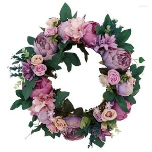 Decorative Flowers YO-Artificial Peony Wreath With Green Leaves For Front Door Living Room Wall Window Garden Wedding Festival Decor