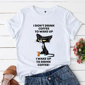Черная кошка аниме мультфильм женщины футболка тренд тренд. Повседневная футболка я разбудил смешные топы женский короткий рукав 240403