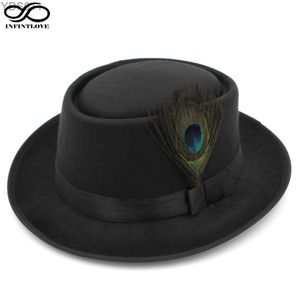 Wide Brim Hats Bucket LUCKYLIANJI Unisex Retro Wool Felt Pig Skin Hat Oval Short Peacock Feather Strap (One Size 7 1/4 58cm) yq240403