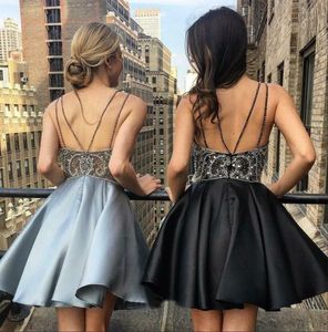 Black Beaded Crystals Satin Homecoming Dresses Spaghetti Straps Formal Party Gowns Open Back Rhinestones Girls Short Prom Dresses 9670967