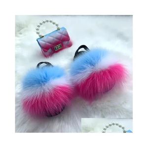 Slipper Girls Fauxe Murs Slippers Flfy пушистые слайды детские радужные желе с железом жемчужной цепной сумочка для детей милые ботинки набор мешков капля de otpd6