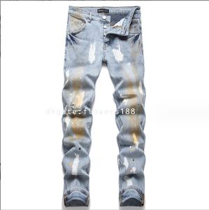 Mäns jeans Ny rippad färg Inkjet Blue Jeans Rak stretch Mid-Rise Men's Denim Purple Brand Jeans Men Jeans Designer Jeans