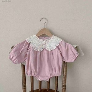 Rompers 7477 2023 Autumn Baby Baby Romper Lace Big Lapel Loose Romper Baby Girl Strój