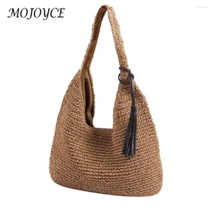 Drawstring Women Hand-Woven Handbag With Tassels Crochet Beach Large Capacity Weaving Travel Ladies Summer Daily Bag