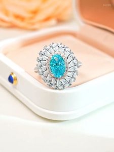 Cluster Rings 2024 Light Luxury Topa Blue Cut 925 Sterling Silver Sea Treasure Ring Set With High Carbon Diamond Flower Wedding