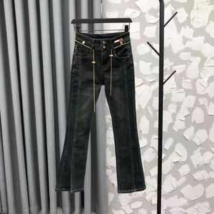 Kvinnors jeans avancerad grå hög midja Slim-Fit Micro-cut for Women 2024 Autumn Fashion Design Sense Slit Straight Bell Bottoms