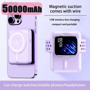 Mobiltelefon Power Banks Mini Power Bank Magnetic Wireless 50000mAh 22,5W snabb laddare med inbyggt kabel bärbart externt batteri för iPhone Huawei 2443