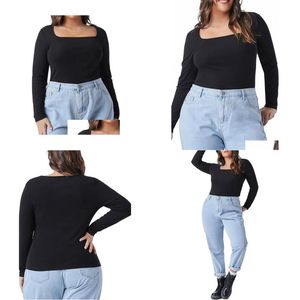 Womens Plus Size T-Shirt Elegant Fi Spring Autumn Lg Sleeve Blouse Women Black Square Neck Casual Female Large Tops 6Xl 7Xl X89B Drop Dh5Sp