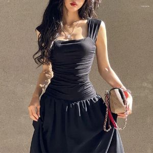 Casual Dresses Y2k Wide Strap Panele Chiffon Samla Maxi Dress Folds Formal Summer Vintage Tank Black Women Party Clubwear Long Robe