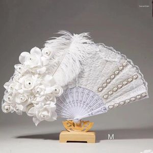 Decorative Figurines Handmade Wedding Bridal Feather Fans Lace Slik White Ladies Fan For Dance Decoration DIY Hand Abanicos Para Boda
