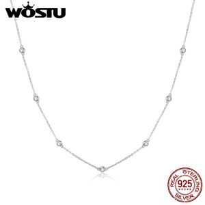 Halsketten Wostu echt 925 Sterling Silber Helles Zirkon Einfacher Halskette Langkettige Verbindung für Frauen Hochzeit exquisite Schmuck Geschenk CQN393