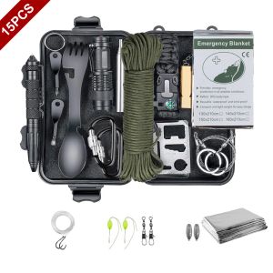 Sobrevivência 15 em 1 kit de sobrevivência de emergência equipamento de equipamento de camping viagens táticas de defesa tática Primeiros socorros SOS Wilderness Adventure