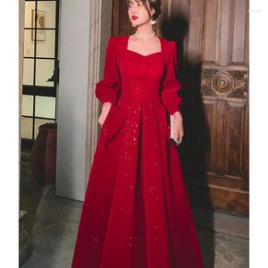 Gelegenheitskleider Frauen Abend Langarm Elegant Square Kragen Red Prom Party Kleid A-Linie Hochzeits Gast Abschluss