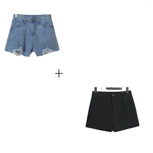 Shorts femininos verão de alta qualidade combinação de duas cores retro na moda calças casuais preto azul