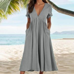 Abiti casual gonna boho elegante a V Nino abito midi a linea con maniche corte pieghevoli tasche per le vacanze estive da donna