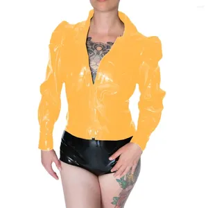 Women's Jackets Clothing Puff Long Sleeve Stand Collar Shirt Wetlook PVC Leather Front Zipper Coats Party Club Street Outfits