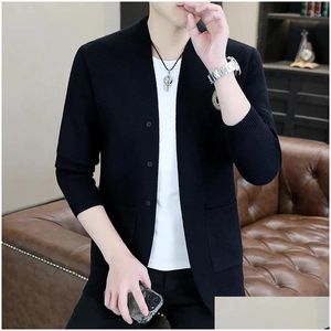 Mens Sweaters Fashion Handsome Slim V-Neck Casual Cardigan British Style Korean Version Loose Rib Bottom Swing Drop Delivery Apparel C Otyjj