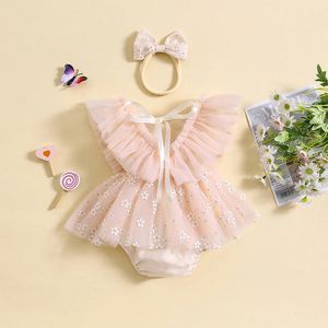 Born Baby Girl S Romper Dress V Neck Siath Bez rękawów z zestawem opaski na głowę Niemowlę 2 szt. Księżniczka strój 240403