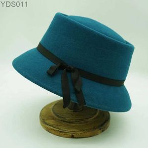 Wide Brim Hats Bucket Formal wide brown blue Fedora hat with ribbon bow 100% wool felt bucket for womens wedding church Porkpie Trilby yq240403