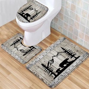 Bath Mats Animals Mat Set Retro Wooden Door Farm Barn Europe Western Country Low Pile Flannel Rug Toilet Cover U-Shaped Carpet