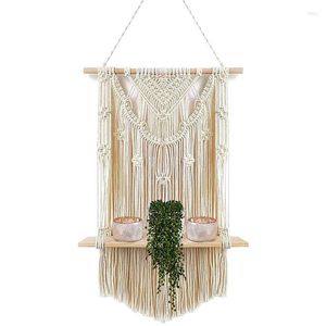 Decorative Plates Macrame Wall Mount With Floating Wooden Shelf Handmade Tassel For Hanging Plants And Decoration