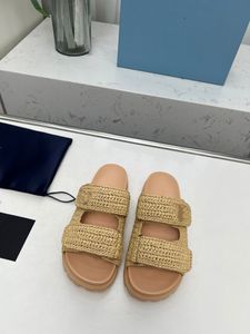 New Prad triangle Straw weave Slipper sandal platform Raffias Slippers Designer womans mens Summer Flat heel Casual Flip flops outdoors pool Sliders beach Shoe