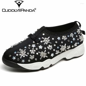 Casual Shoes Cuddlyiipanda Autumn Luxury Designer Crystal Women Air Mesh String Bead Loafers Rhinestone Flowers Sneakers