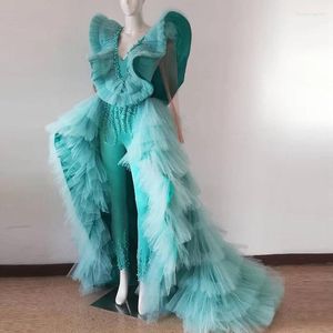 Party Dresses Special Desigend Turquoise Jumpsuit Prom With Tiered Tulle Detachable Train Ruched Shoulder Fashon Beaded Gowns