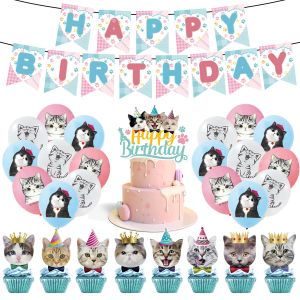 Blue Pink Cat Birthday Party Dekorationen Kätzchen Papiergeschirr Set Teller Tassen Topper Banner für Haustiere Babypartyzubehör Vorräte