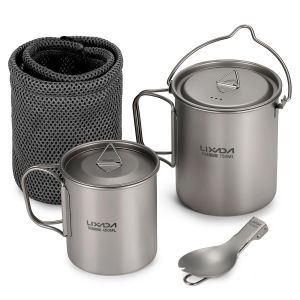 Supplies Lixada Titanium 750ml Pot Camping Tableware 420ml Water Mug Folding Spork Outdoor Camping Cookware Set Hiking Picnic