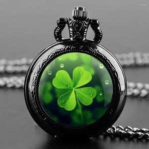 Pocket Watches Four Leaf Clover Ireland Glass Dome Vintage Quartz Watch Men Women Pendant Necklace Chain Clock Jewelry Lucky Talisman