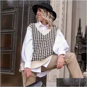 Kvinnors västar kvinnor 2021 Kvinnor Houndstooth Vest Sweater Casual V Neck Sleeveless Autumn Winter Jumper Sticked Korean Style Plover Dro Dhaif