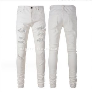 Men's Jeans White Diamond Ripped Patch High Street Jeans Stretch Slim Vintage Jeans Hot Sexy Girls Jeans Hot White Jeans Ice Cream Jeans