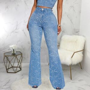 Kvinnors jeans modetryck premium kvinnor hög midja stretch smal bred ben denim byxor flare byxor streetwear boot cut