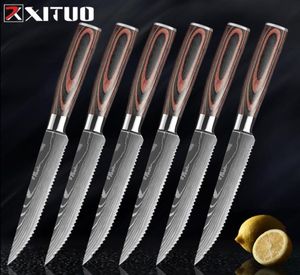 Xituo Steak Knife Set Damascusパターンステンレス鋼鋸歯状のナイフビーフクリーバー多目的レストランカトラリーテーブルKnife1102142