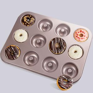 Golden Carbon Steel Bakeware 12 Cell NonStick Donut Mold DIY Cake Chocolate Dessert Cookie Baking Mould Kitchen Accessories 240328