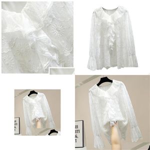 Womens Blouses Shirts Plus Size Lace Blouse For Women Vintage Ruffled Panel Bell Sleeve Mid-Length Shirt Elegant Lady All-Match Top Dr Dhmdi