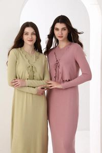 Ethnische Kleidung als 2024 Sommer Frau Kleidung Salat Strickjacke Kleid Rüsche Maxi Set Knöchel Länge Natur Faserbrand Rippenstoff