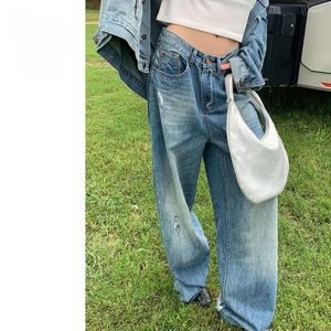 Damen-Jeans, amerikanisch, Retro-Stil, Distressed-Optik, für Damen, saisonal, gerades Bein, Bodenwischerhose, weit, Harlan, zerrissen