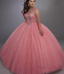 Glitzer Baby Pink Quinceanera Kleider Pailletten Tüllkugel Kleid bodenlange Abschlussball Besonderer Anlass Tragen Sie Kristallperlen ärmellose langer Prinzessin süß 16 Kleid