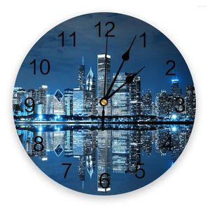 Wall Clocks Chicago Landscape Architecture Night View Modern Clock For Home Office Decoration Living Room Bathroom Decor Hanging Watch