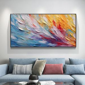 Pintura a óleo de penas coloridas na tela grande arte de parede artesanal abstrata pintando arte minimalista pintura personalizada de decoração de sala de estar moderna presente