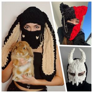 Materassi Halloween Orecchie di coniglio divertenti Feele a maglia creativa berretto a maglia calda faccia a faccia piena per maschera da sci del cappello antivento balaclava Cappello da esterno