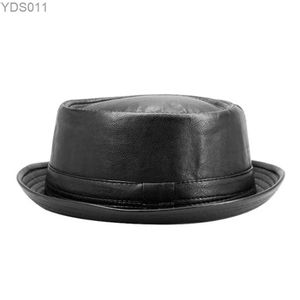 Breda randen hattar hink mens svart läder triangel hatt fedora vintage kvinnors höstmärke fläskpie jazz yq240403